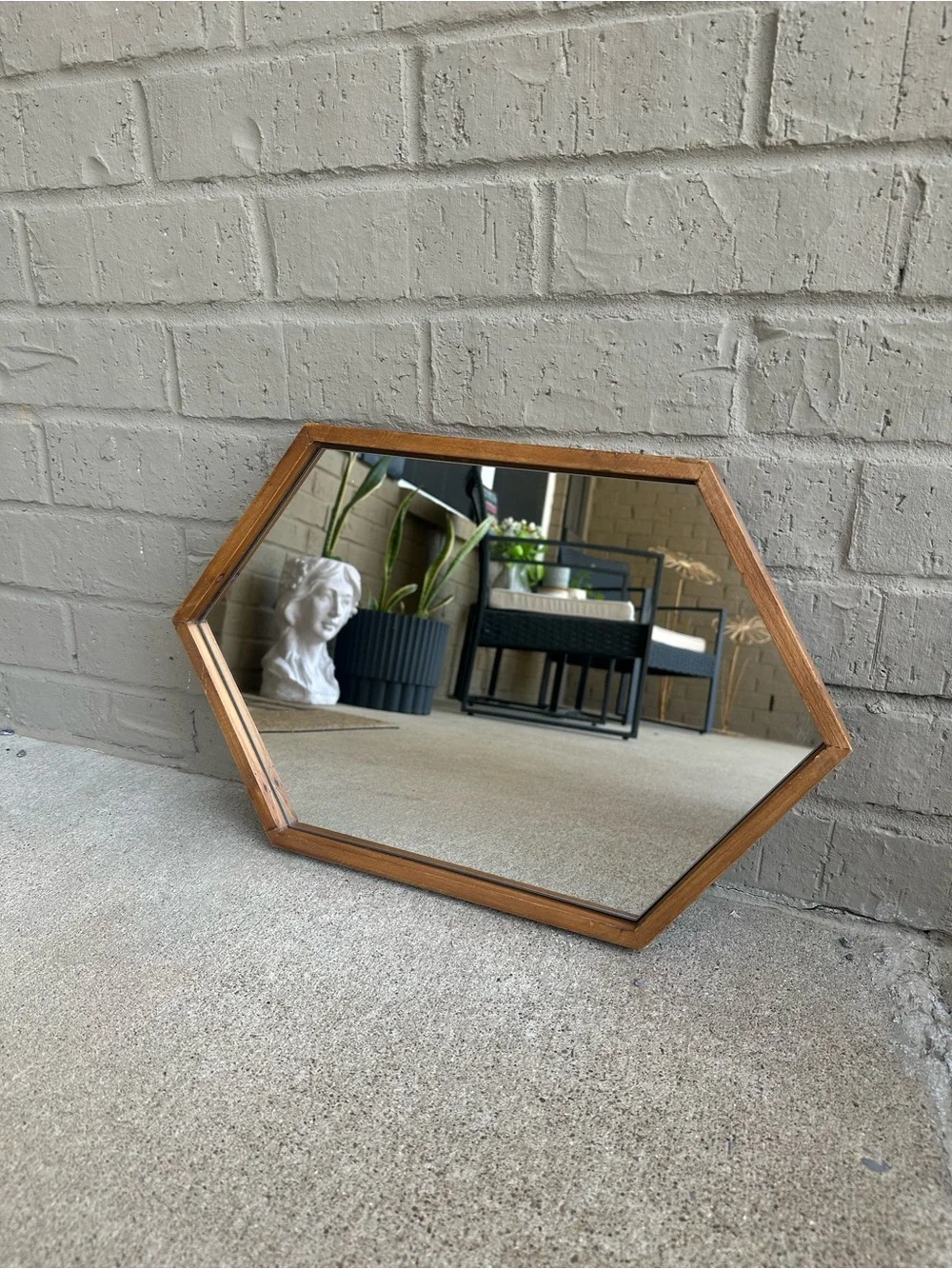 Hexagonal Mirror with Wood-Tone Frame
